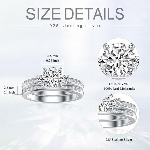 Moissanite Wedding Set For Women, Round Cut Moissanite Bridal Rings Set, 925 Sterling Silver Moissanite Engagement Rings Set, D Color VVS1 Women Wedding Ring Set in Saudi Arabia
