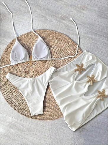SHENHE Women's 3 Piece Triangle Halter Swimsuit Starfish High Cut String Bikini Set with Skirt in Kuwait