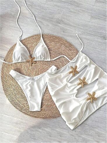 SHENHE Women's 3 Piece Triangle Halter Swimsuit Starfish High Cut String Bikini Set with Skirt in Kuwait