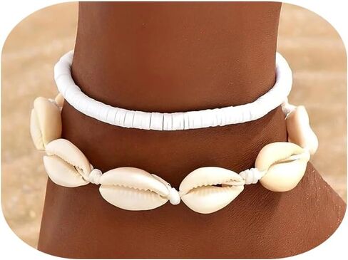 سوار الكاحل شل الكاحل مجموعة للنساء ، Boho قابلة للتعديل حزمة Anklet Pack Natural White Shells Stack Stretch Seashell Pearl Starfish Set مجموعة هاواي الشاطئ المجوهرات in Kuwait
