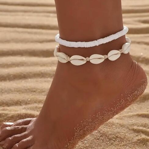 سوار الكاحل شل الكاحل مجموعة للنساء ، Boho قابلة للتعديل حزمة Anklet Pack Natural White Shells Stack Stretch Seashell Pearl Starfish Set مجموعة هاواي الشاطئ المجوهرات in Kuwait