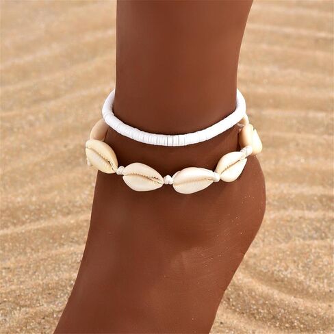 سوار الكاحل شل الكاحل مجموعة للنساء ، Boho قابلة للتعديل حزمة Anklet Pack Natural White Shells Stack Stretch Seashell Pearl Starfish Set مجموعة هاواي الشاطئ المجوهرات in Kuwait