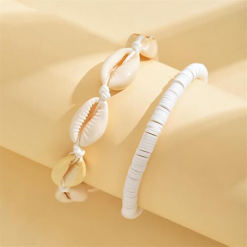 سوار الكاحل شل الكاحل مجموعة للنساء ، Boho قابلة للتعديل حزمة Anklet Pack Natural White Shells Stack Stretch Seashell Pearl Starfish Set مجموعة هاواي الشاطئ المجوهرات in Kuwait