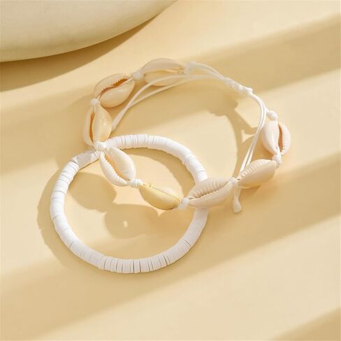 سوار الكاحل شل الكاحل مجموعة للنساء ، Boho قابلة للتعديل حزمة Anklet Pack Natural White Shells Stack Stretch Seashell Pearl Starfish Set مجموعة هاواي الشاطئ المجوهرات in Kuwait