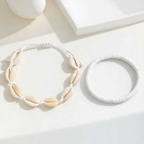 سوار الكاحل شل الكاحل مجموعة للنساء ، Boho قابلة للتعديل حزمة Anklet Pack Natural White Shells Stack Stretch Seashell Pearl Starfish Set مجموعة هاواي الشاطئ المجوهرات in Kuwait