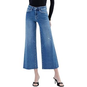 VERVET Women's High-Rise Slightly Distressed Raw Hem Wide Leg Jeans