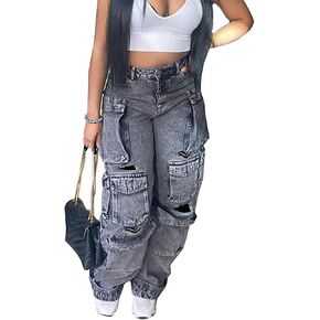 Women's Baggy Cargo Jean High Waisted Y2K Distressed Wide Leg Denim Pants with Multi Pockets Streetwear
