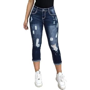 Flamingals Women's Capri Jeans Curvy Skinny Stretchy Butt Lifting Jeans Ripped Denim Jeans