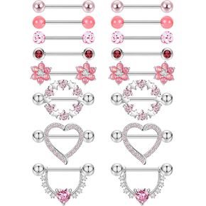 8Pairs 14G Surgical Steel Nipple Ring for Women Flower Heart CZ Barbell Nipple Rings Cute Nipple Rings Piercing Jewelry