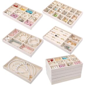 10Pcs Stackable Jewelry Organizer Tray Set, Velvet Earring Necklaces Storage Box Drawer Inserts Container Display Case Holder with Removable Dividers for Women Rings Stud Bracelet (Beige)