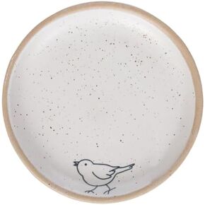 Transpac Decorative 3 Inch Ceramic Jewelry Small Items Keeper Trinket Tray Dish Specked White and Brown Drawn Bird