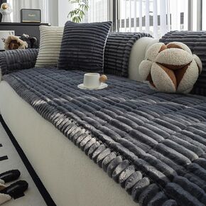 Sofa Couch Cover, Sofa Covers for Dogs Washable, Non-Slip Striped Sofa Slipcovers for Sectional Sofa, Sofa Cover Furniture Protector for L Shaped(Dark Grey, 27.6"x 82.7")