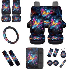 Sunflower Butterfly Print Car Seat Covers Car Floor Mats Steering Wheel Cover Armrest Pad Seat Belt Pads Roof Handle Wraps Cup Coasters Keychains Auto Interior Accessories Set of 18