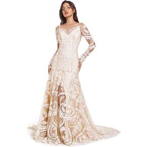Women's Wedding Dress for Bride Two Pieces Long Sleeves Floral Lace Sheath Outdoorsy Beach Bridal Gown
