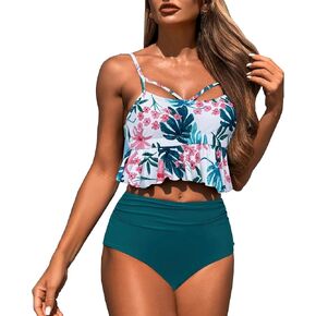 High Waisted Bikini Set for Women Tummy Control Swimwear Ruffle Crop Two Piece Swimsuits Bathing Suits