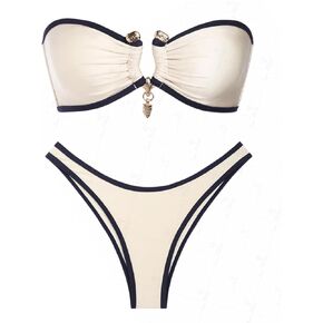 seamoly Ruched U-Ring Metal Tied Back Bandeau Top & Brazilian Bottom Bikini Set