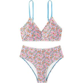 SOLY HUX Bathing Suit for Women Floral Print Swimsuit V Neck Spaghetti Strap Two Piece Bikini Sets