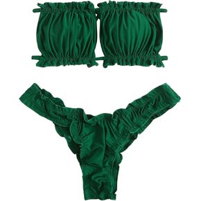 GORGLITTER Women's Ruched Frill Trim Bandeau Bikini Set Cutout Sleeveless Strapless Swimsuit 2 Piece Bathing Suit