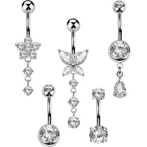 5PCS Belly Button Rings for Women 14G Dangle Navel Piercing Jewelry Set Surgical Stainless Steel Body Jewelry with CZ Butterfly Flower Teardrop Barbell for Beach Festival Daily