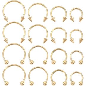 16PCS Gold Septum Ring 16 Gauge Nose Rings Multiple Different Sizes Horseshoe Nose Piercing Jewelry, Stainless Steel Lip Earring Eyebrow Hoop Septum Rings for Men and Women 6-12mm