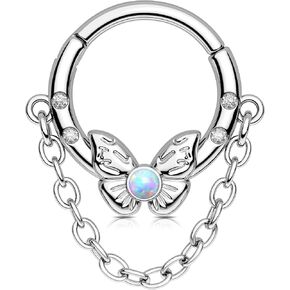 Melighting 16G Butterfly Septum Ring Opal Daith Piercing Jewelry Stainless Steel 316L Chain Helix Cartilage Clicker Septum Jewellery For Women 8/10 mm