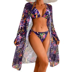 Women's Floral Bikini Sets with Mesh Cover Up, String Halter Triangle Top&Side-Tie Thong Bottom Sexy 3 Piece in Kuwait