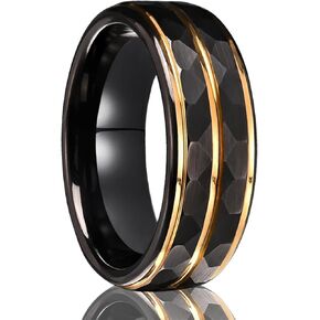 Tungsten Carbide Rings for Men Women 8mm Black Hammered Inlaid Gold Grooves Men's Engagement Wedding Bands Matte Brushed