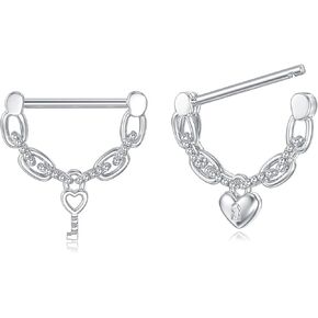 Heart Lock Nipple Rings 14G Sterling Silver Lock and Key Nipple Rings Hoop Heart Nipple Piercings Jewelry for Women