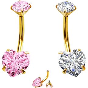 14G Internally Threaded Belly Button Ring - 316L Stainless Steel Shank Navel Jewelry with Pink & White Cubic Zirconia