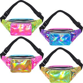 Abbylike 4 Pcs Holographic Retro 80s 90s Neon Fanny Pack 3 Pockets Belt Bags Rave Waist Packs for Women Men Jogging Traveling Holiday Festival 80s Theme