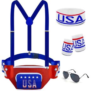9 Pcs 4th of July Fanny Pack Beer Belt Sunglasses USA Headband Wristband 4th of July Accessories Independence Day