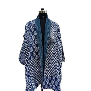 Indigo Patchwork Kantha Gudri Kimono Jacket Kimono Women Wear Quilted Jacket (XL, Blue)