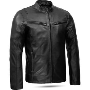 سترة دراجة نارية من Lawbled Lambskin للرجال - سترة راكب الدراجة النارية ذات الحبوب الكاملة مع سحاب وجيوب متعددة