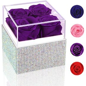 4Pcs Preserved Roses in a Box, Preserved Flowers, Roses Gifts for Her, Forever Rose in a Box for Women/Wife/Mom Birthday Gift, Flowers for Delivery Prime- Purple