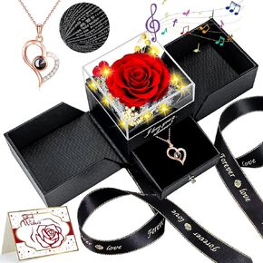 Preserved Real Rose with I Love You Heart Necklace100 Languages with Music&Lights Romantic for Mom Girlfriend Women Wife Valentine's Day Mother's Day Birthday Anniversary