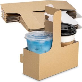 FMP Brands 2 Cup Drink Carrier with Handle, Kraft Paperboard to Go Coffee Cups Holder 12-30 oz for Cold/Hot Drinks, Portable Foldable Drink Carrier for Delivery, Uber Eats, Made in USA-15 Pack