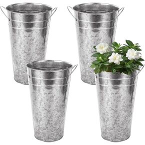 4 PCS Flower Buckets Bulk 12 Inch Galvanized Flower Bucket Metal Flower Vase with Handle, Metal Bucket Planter Floral Container for Flowers Arrangements Table Centerpiece Weddings Home (Silver)