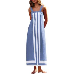 Womens Striped Maxi Dress Summer Boho Color Bock Square Neck Sleeveless Tank Shift Sundress Beach Overall Long Dress