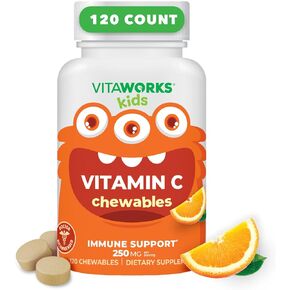 Kids Vitamin C Chewable Tablets | 250 mg | Great Tasting, Naturally Sourced Orange Flavor | Vegan, Non GMO, Gluten Free, Vitamins | for Immune Support | for Children | 120 Chewables