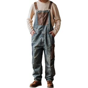 Rexcyril Men's Baggy Denim Bib Overalls Vintage Contrast Distressed Fashion Loose Fit Workwear Coveralls with Big Pockets