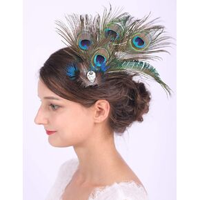 Teyglen Peacock Feather Hair Clip Pins with Crystal Feather Fascinator 20s Flapper Headpiece Hairpiece Acessories for Women Girl Wedding Prom Party (Style 1)