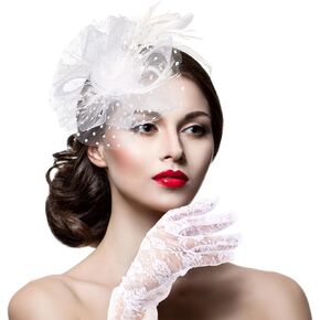 Fascinators Tea Party Hats White Flower Mesh Beaded Feathers with Headband with Hair Clips Women's Fascinator Vintage Hats 1920s Accessories for Women and Short White Floral Lace Gloves