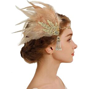 1920s Headpiece Champagne Feather Flapper Headband for Women, Roaring 20s Great Gatsby Hair Accessories, Pink Rhinestone and Pearl Accent