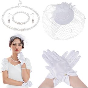 20s Fascinators Hat for Women Headpiece Short Gloves Pearl Necklace Earrings for Tea Party