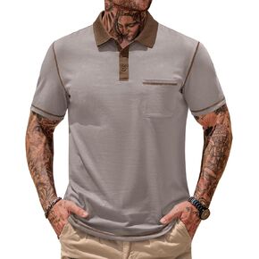 Mens Polo Shirts Casual Color Block Collar Short Sleeve Shirt with Pocket (S-XXL)