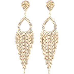Rhinestone Teardrop with Long Tassel Earrings Sparkly Dangle Earrings for Women