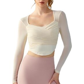 Women's Autumn and Winter Long Sleeved mesh Short Quick Drying Casual Shirt Front Pleated Yoga Fitness Leisure top
