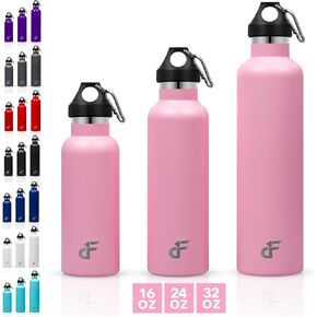 Day 1 Fitness Stainless Steel Water Bottle Standard Mouth, Carabiner Clip (16, 24, or 32oz) 3 Size, 8 Color, and Multi-pack Options – Vacuum Insulated, Double Walled, Powder-Coated Sweat Proof Thermos