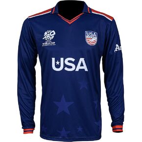 Team USA Men Cricket WC لاول مرة ، قميص أداء T20 Long Sleeve ، Navy Blue التذكاري المظهر الأول