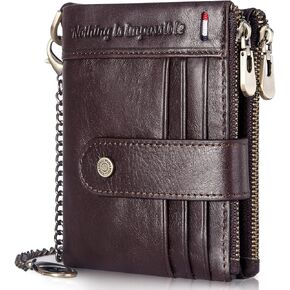 HUMERPAUL Chain Wallet for Men, Genuine Leather Bifold Wallets Rfid Blocking Men Purse with Zipper Coin Pocket (Coffee)